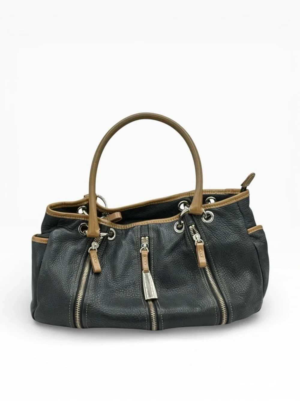 Dark brown with lighter brown trimmed Leather Satchel Handbag for Women